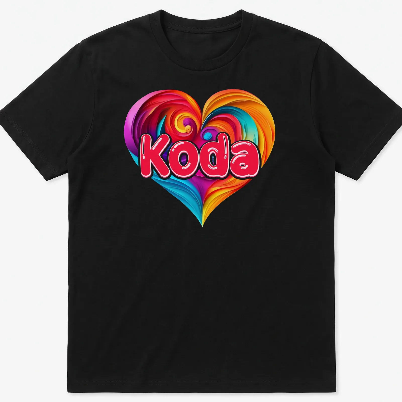 Swirled vibrant heart design with the name Koda in playful text. — printed on a unisex t-shirt