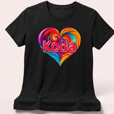 Swirled vibrant heart design with the name Koda in playful text. — printed on a women's shirt