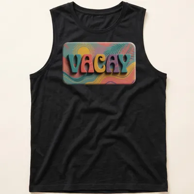 Vibrant retro t-shirt featuring palm leaves and the word VACAY in bright colors. — printed on a tank top