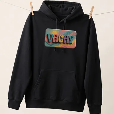 Vibrant retro t-shirt featuring palm leaves and the word VACAY in bright colors. — printed on a unisex hoodie