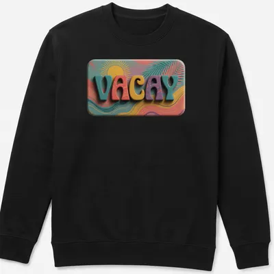 Vibrant retro t-shirt featuring palm leaves and the word VACAY in bright colors. — printed on a unisex sweatshirt