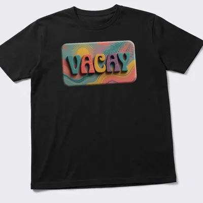 Vibrant retro t-shirt featuring palm leaves and the word VACAY in bright colors.