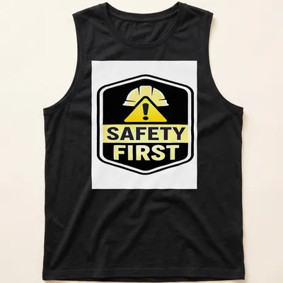 Bold graphic shirt featuring a safety helmet and the text Safety First — printed on a tank top
