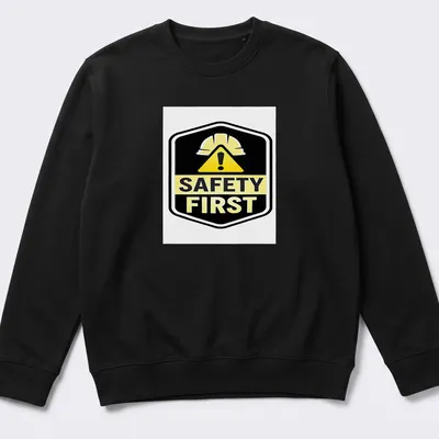 Bold graphic shirt featuring a safety helmet and the text Safety First — printed on a unisex sweatshirt