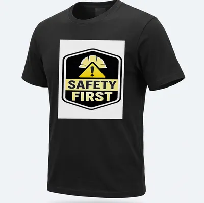 Bold graphic shirt featuring a safety helmet and the text Safety First