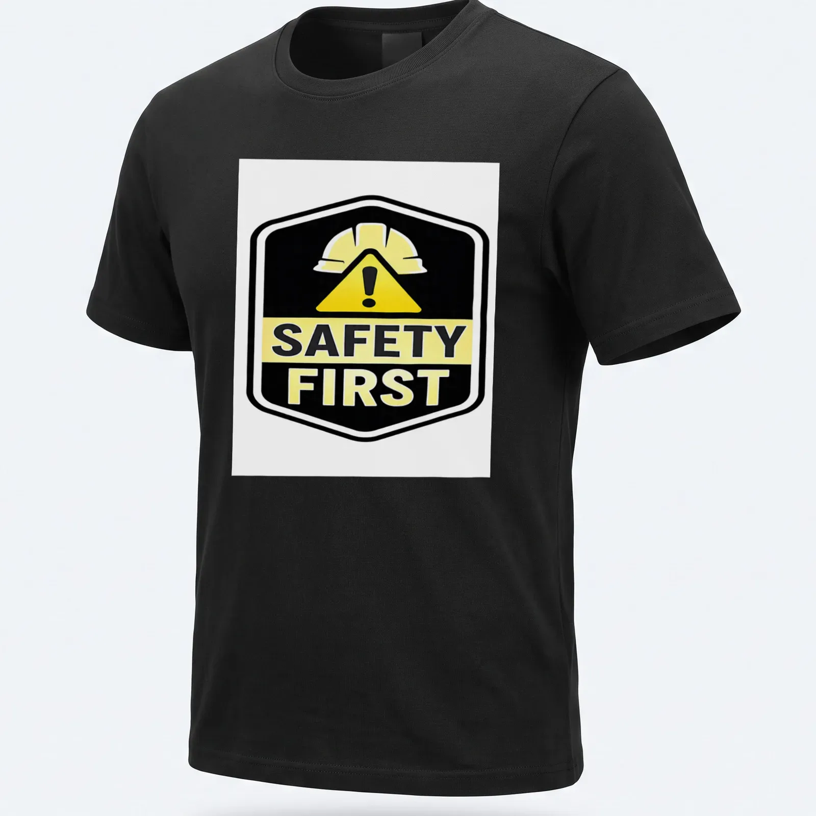 Bold graphic shirt featuring a safety helmet and the text Safety First — printed on a unisex t-shirt
