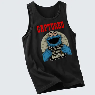 Cartoon mugshot of Cookie Monster with humorous text in blue, red, and black — printed on a tank top