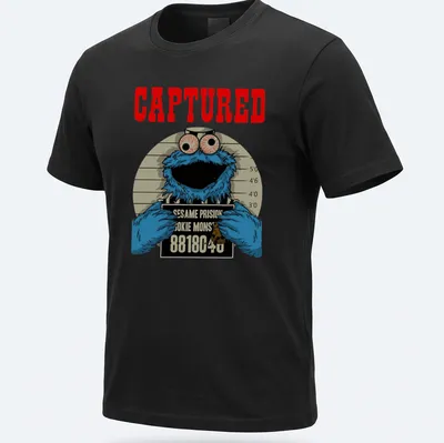 Cartoon mugshot of Cookie Monster with humorous text in blue, red, and black