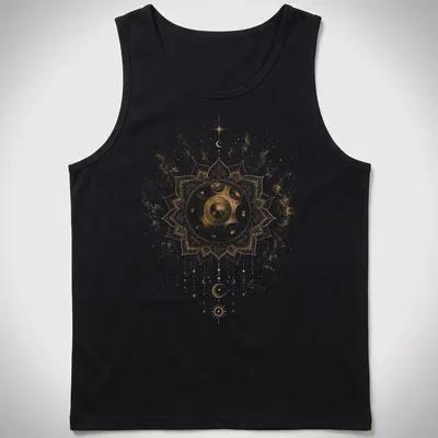 Intricate mandala design featuring a handpan with gold, white, black, and brown colors — printed on a tank top