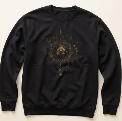Intricate mandala design featuring a handpan with gold, white, black, and brown colors — printed on a unisex sweatshirt