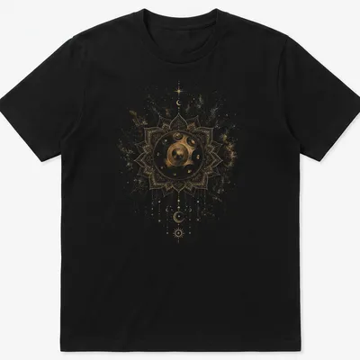 Intricate mandala design featuring a handpan with gold, white, black, and brown colors