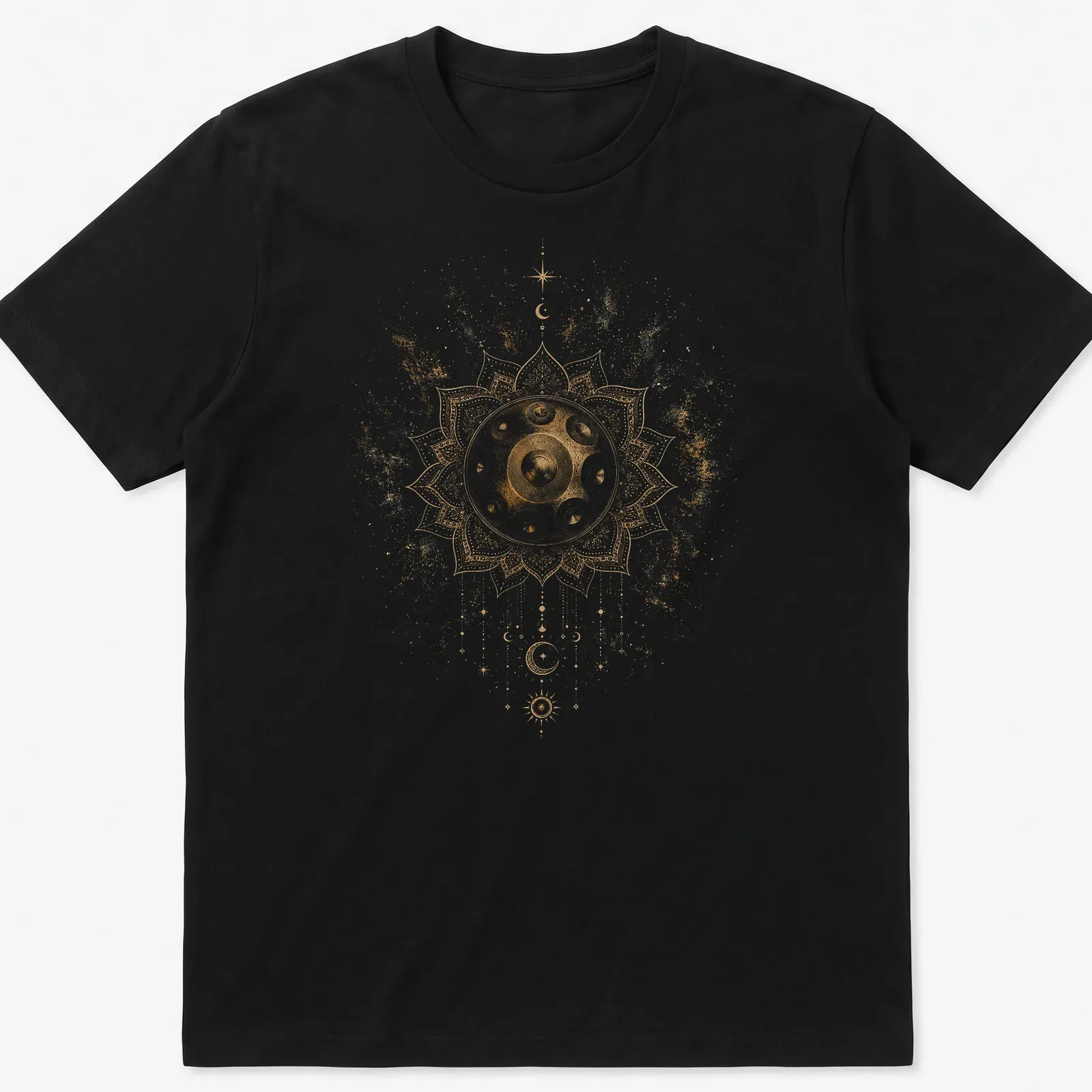 Intricate mandala design featuring a handpan with gold, white, black, and brown colors — printed on a unisex t-shirt