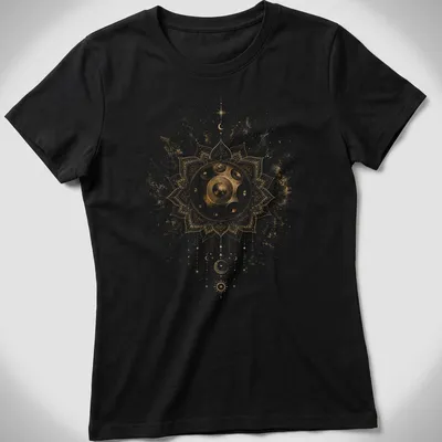Intricate mandala design featuring a handpan with gold, white, black, and brown colors — printed on a women's shirt