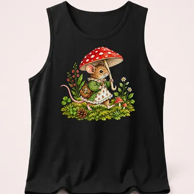 Whimsical illustration of a mouse with a red umbrella and colorful mushrooms — printed on a tank top