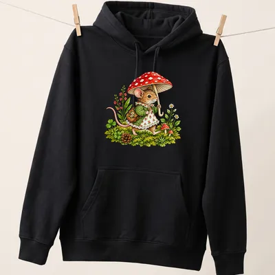 Whimsical illustration of a mouse with a red umbrella and colorful mushrooms — printed on a unisex hoodie