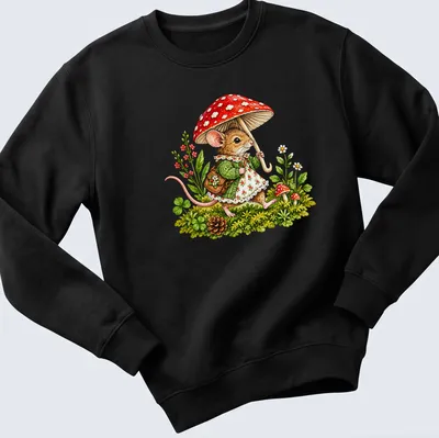 Whimsical illustration of a mouse with a red umbrella and colorful mushrooms — printed on a unisex sweatshirt