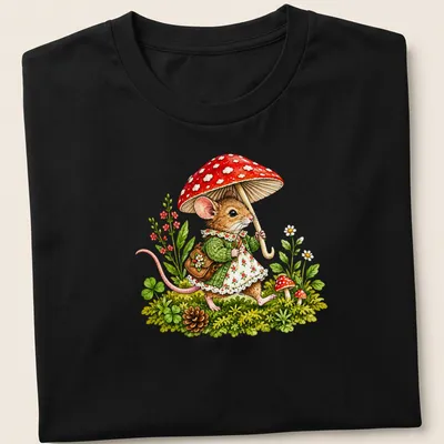 Whimsical illustration of a mouse with a red umbrella and colorful mushrooms