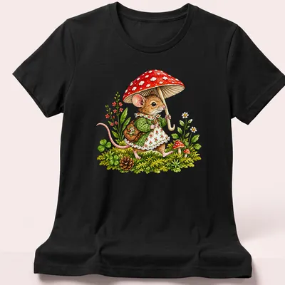 Whimsical illustration of a mouse with a red umbrella and colorful mushrooms — printed on a women's shirt