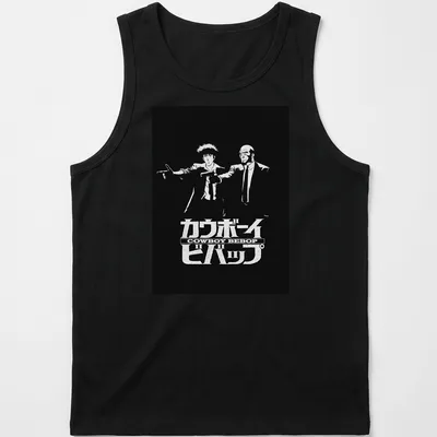 Black and white illustration featuring Cowboy Bebop characters with anime logo text — printed on a tank top