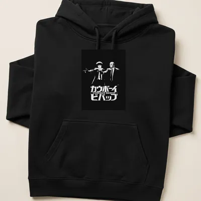 Black and white illustration featuring Cowboy Bebop characters with anime logo text — printed on a unisex hoodie