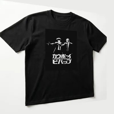 Black and white illustration featuring Cowboy Bebop characters with anime logo text — printed on a unisex t-shirt (angled view)