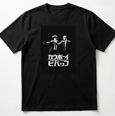 Black and white illustration featuring Cowboy Bebop characters with anime logo text