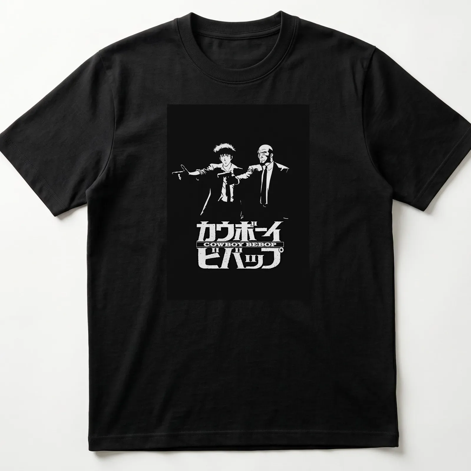 Black and white illustration featuring Cowboy Bebop characters with anime logo text — printed on a unisex t-shirt