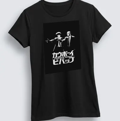 Black and white illustration featuring Cowboy Bebop characters with anime logo text — printed on a women's shirt