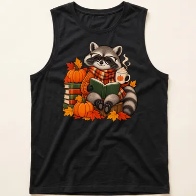 Cute cartoon raccoon reading with a pumpkin, surrounded by autumn leaves — printed on a tank top
