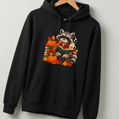 Cute cartoon raccoon reading with a pumpkin, surrounded by autumn leaves — printed on a unisex hoodie