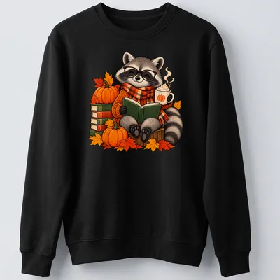Cute cartoon raccoon reading with a pumpkin, surrounded by autumn leaves — printed on a unisex sweatshirt