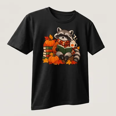 Cute cartoon raccoon reading with a pumpkin, surrounded by autumn leaves — printed on a unisex t-shirt (angled view)