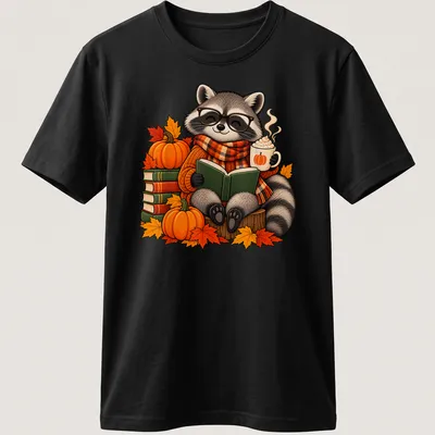 Cute cartoon raccoon reading with a pumpkin, surrounded by autumn leaves