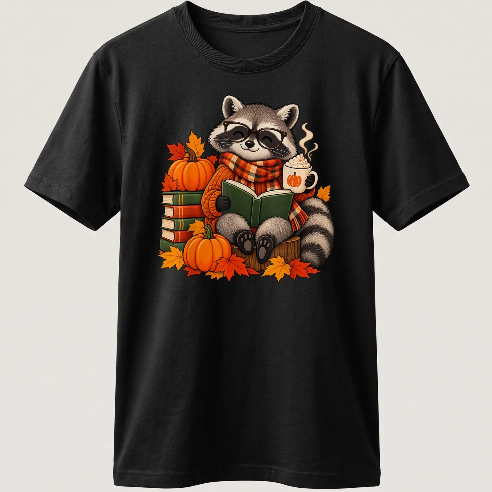 Cute cartoon raccoon reading with a pumpkin, surrounded by autumn leaves — printed on a unisex t-shirt