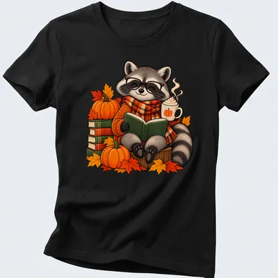 Cute cartoon raccoon reading with a pumpkin, surrounded by autumn leaves — printed on a women's shirt