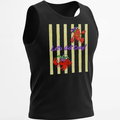 Cartoon crawfish in vibrant colors with 'Let's Get Cray!' text — printed on a tank top