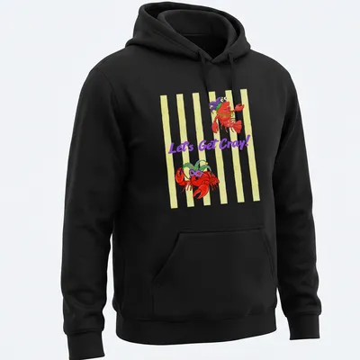 Cartoon crawfish in vibrant colors with 'Let's Get Cray!' text — printed on a unisex hoodie