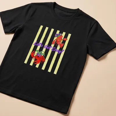 Cartoon crawfish in vibrant colors with 'Let's Get Cray!' text
