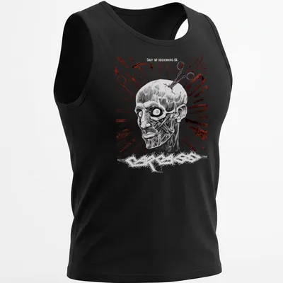 Grunge horror print of a creepy zombie face with the text 'EASY TO RECKONING IX' in black, white, red, and gray. — printed on a tank top