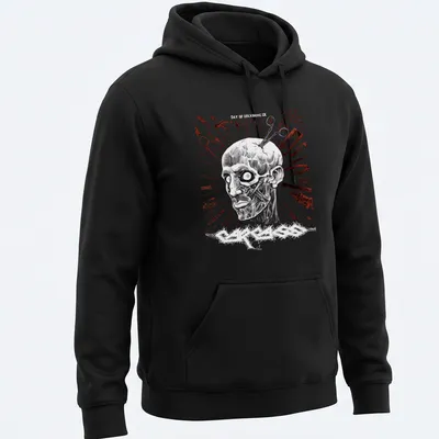 Grunge horror print of a creepy zombie face with the text 'EASY TO RECKONING IX' in black, white, red, and gray. — printed on a unisex hoodie