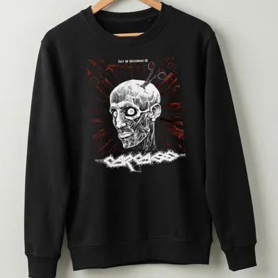 Grunge horror print of a creepy zombie face with the text 'EASY TO RECKONING IX' in black, white, red, and gray. — printed on a unisex sweatshirt