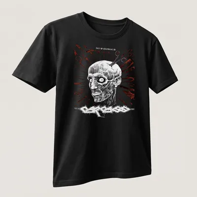 Grunge horror print of a creepy zombie face with the text 'EASY TO RECKONING IX' in black, white, red, and gray. — printed on a unisex t-shirt (angled view)