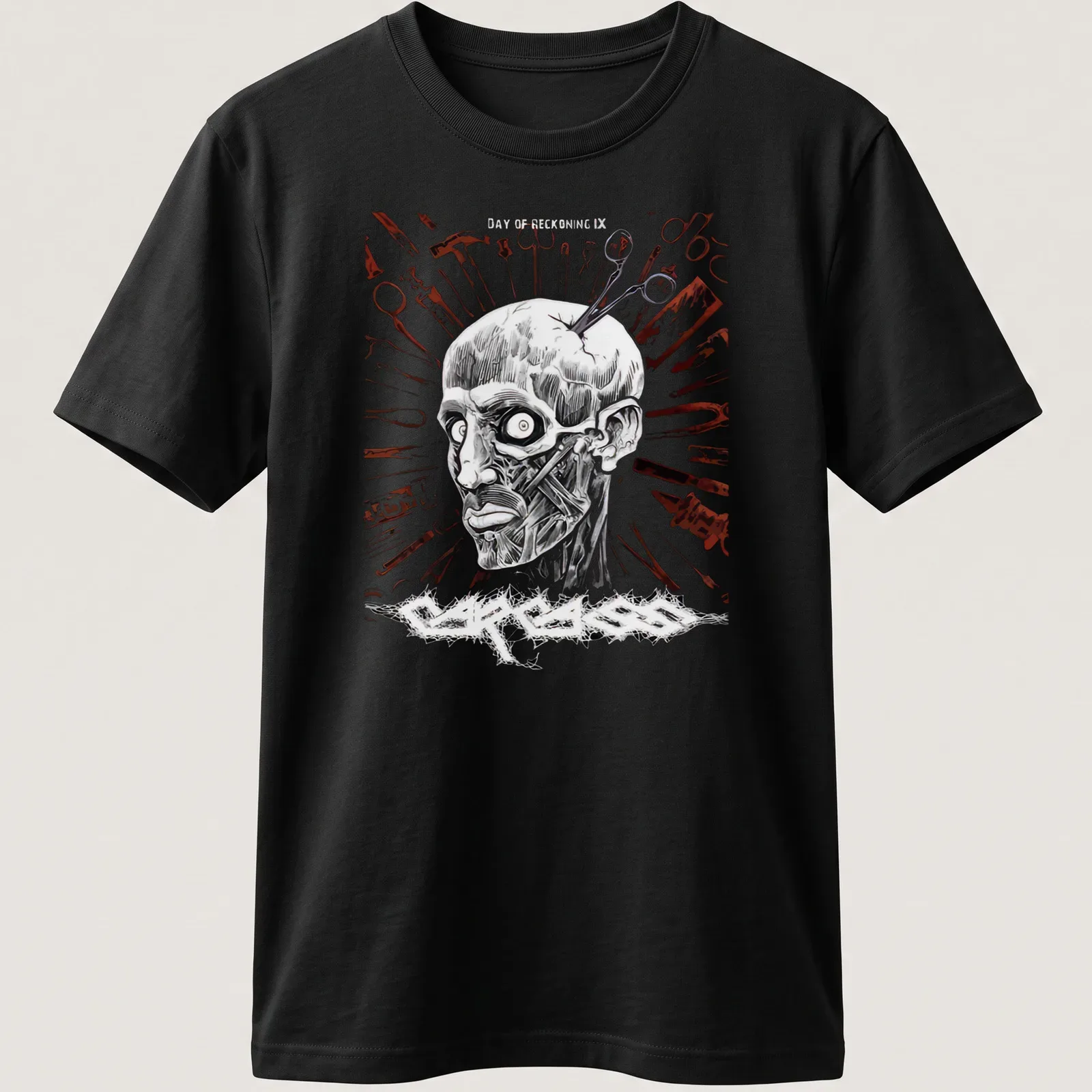 Grunge horror print of a creepy zombie face with the text 'EASY TO RECKONING IX' in black, white, red, and gray. — printed on a unisex t-shirt