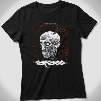 Grunge horror print of a creepy zombie face with the text 'EASY TO RECKONING IX' in black, white, red, and gray. — printed on a women's shirt