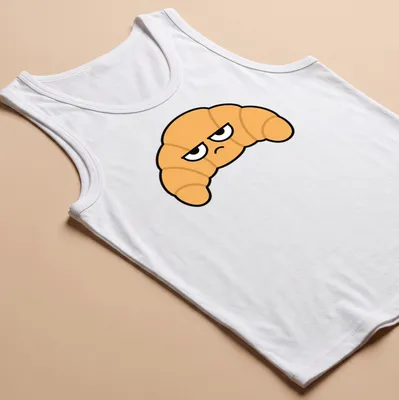 Cartoon croissant with the text 'Resting Bitch Face' in funny typography — printed on a tank top