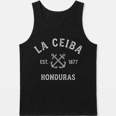 Vintage style T-shirt featuring crossed boat anchors and La Ceiba text — printed on a tank top