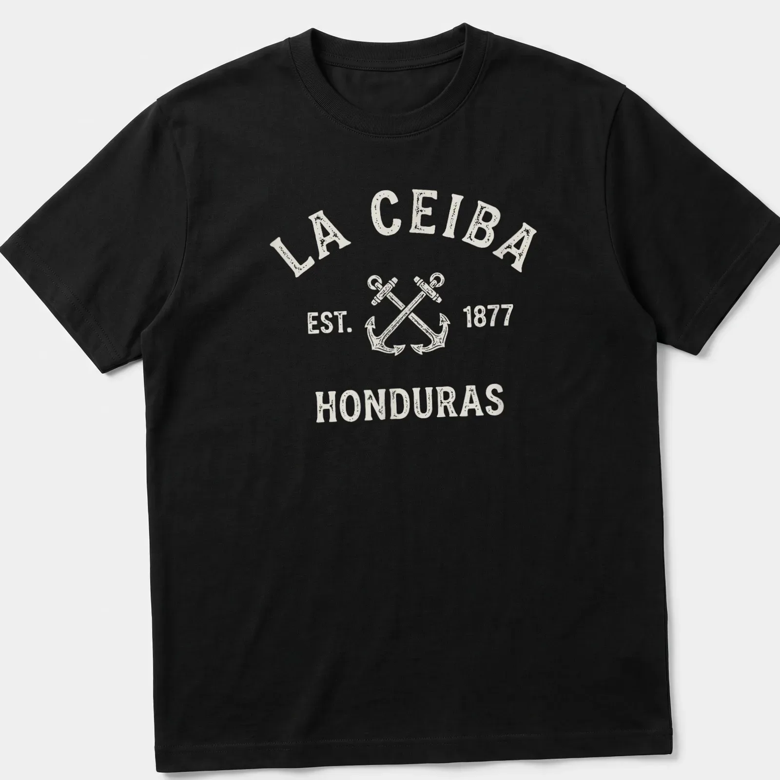 Vintage style T-shirt featuring crossed boat anchors and La Ceiba text — printed on a unisex t-shirt