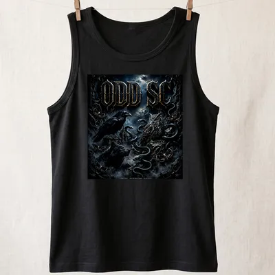 Dark fantasy design featuring crow, owl, wolf, and snakes with odd lettering. — printed on a tank top