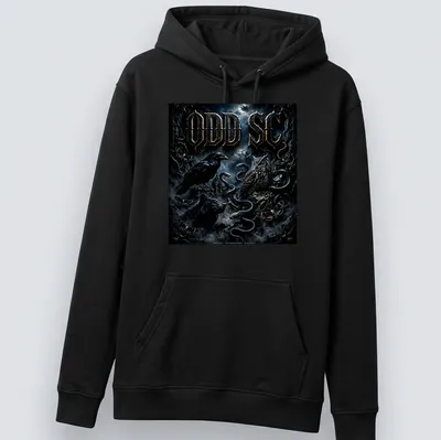 Dark fantasy design featuring crow, owl, wolf, and snakes with odd lettering. — printed on a unisex hoodie