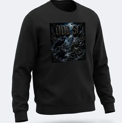 Dark fantasy design featuring crow, owl, wolf, and snakes with odd lettering. — printed on a unisex sweatshirt